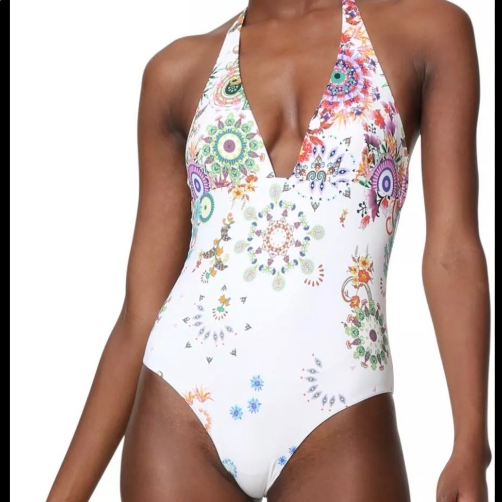 Desigual White Floral Pattern Halter One-Piece Swimsuit